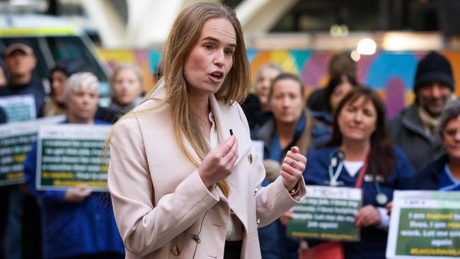 Monica Smit addresses unvaccinated healthcare workers stage at a protest outside the Royal Melbourne Hospital in November 2022. Picture: Mark Stewart