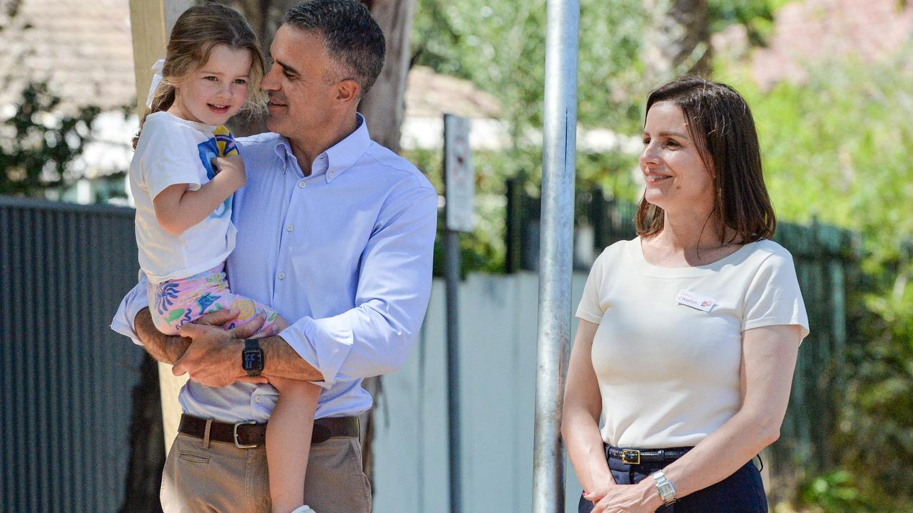 Premier Peter Malinauskas enjoying the Dunstan Adventure Playground in St Peters with his daughter Eliza and Dunstan candidate Cressida O'Hanlon. Picture: Brenton Edwards