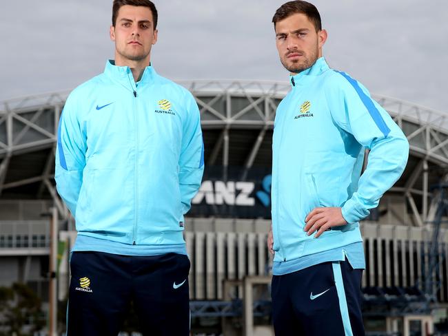 Good to be back — Socceroos Tomi Juric and James Troisi outside of ANZ Stadium.