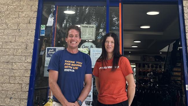 James Southgate and Jane O'Neil outfront of Moruya Bicycles. Picture: Tom McGann.