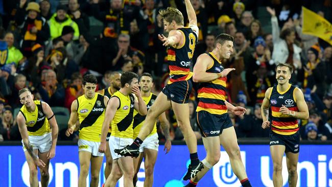 The last team to beat AFL premier Richmond this season was Adelaide in Round 13 but the two teams took very different paths after that. Picture: Sam Wundke (AAP).