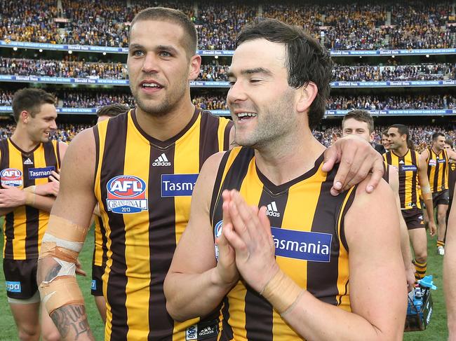 Lance Franklin and Jordan Lewis celebrate the 2013 grand final win. Picture: Alex Coppel