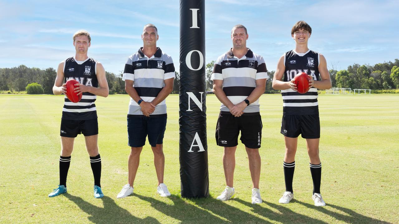 Ex-North Melbourne star Leigh Harding,third along, and former Brisbane Lions captain Tom Rockliff, second along, were now coaches at Iona College.Pictured with Archie Watts (right) and Ben Lillico (left).