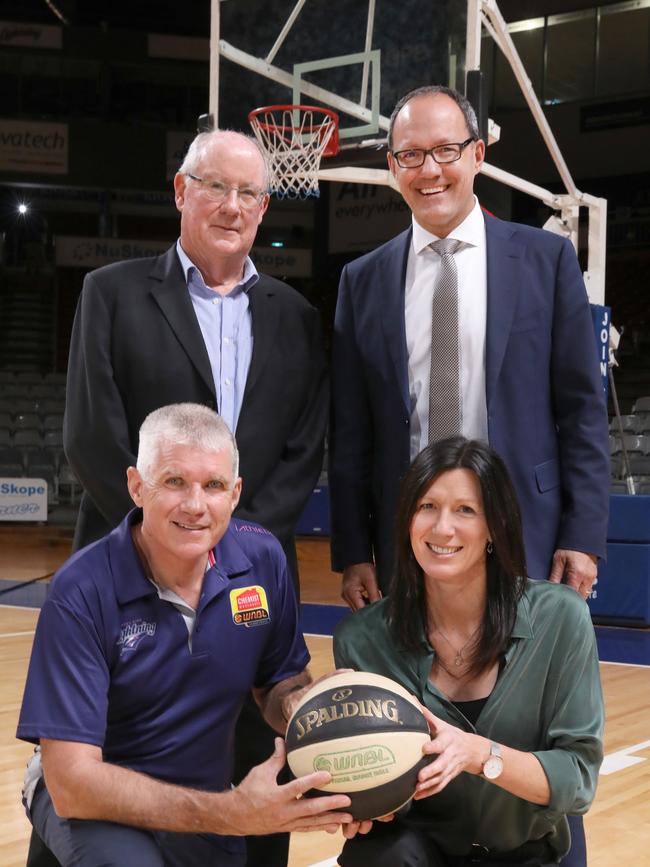 Adelaide Lightning new owner Bruce Spangler, head coach Chris Lucas, Lightning legend Rachael Sporn, and Minister for Recreation, Sport and Racing Corey Wingard showing his government’s support to keep women’s baskeball in the national league. Picture Dean Martin