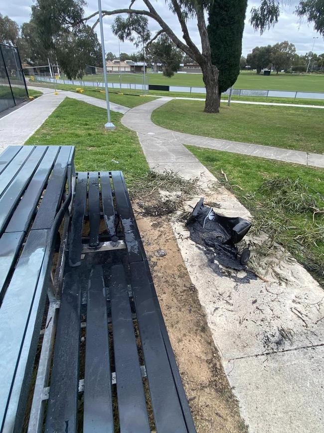 Arsonists took a council bin, detached it from its fixture, and set it on fire on the spectator benches.