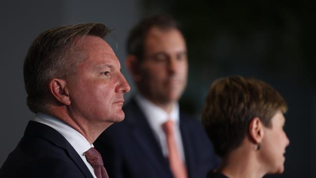 Chris Bowen, Jim Chalmers and Jenny McAllister addresses the media at a press conference in Brisbane. NCA NewsWire / Sarah Marshall