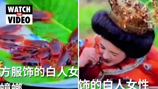 A white actor dressed as a Chinese emperor eats rats and cockroaches 