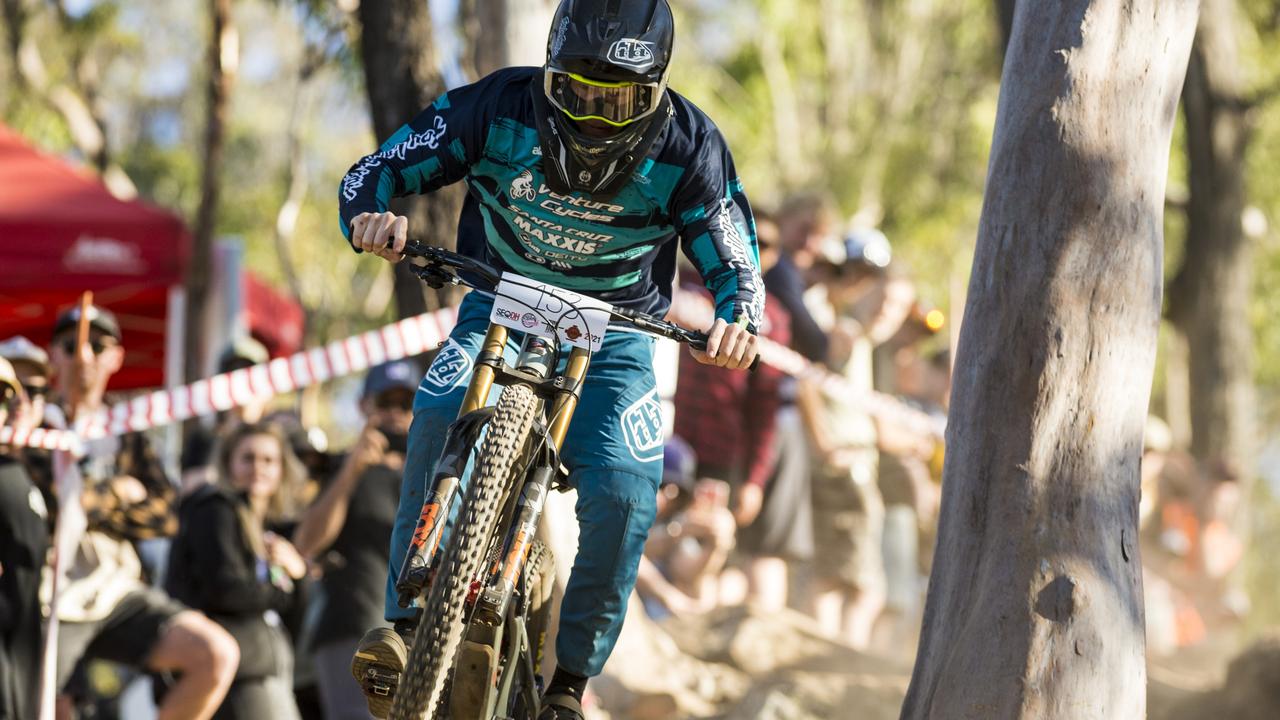 Taj Pollard competes in the under-19 men class SEQ Downhill Series, round four Mackenzie Frenzy DH hosted by Toowoomba Mountain Bike Club, Sunday, June 13, 2021. Picture: Kevin Farmer