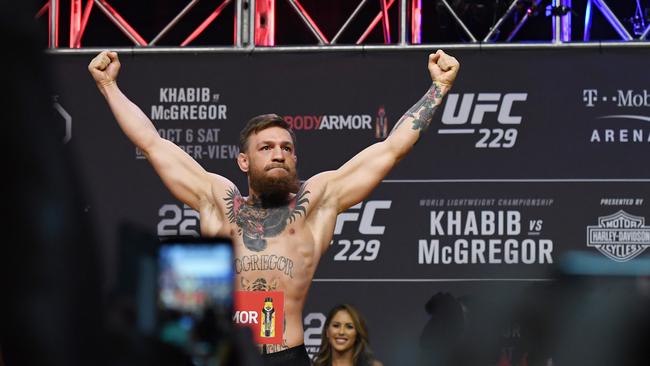 Conor McGregor poses during a ceremonial weigh-in for UFC 229 at T-Mobile Arena on October 05, 2018 in Las Vegas. Picture: Ethan Miller/Getty Images.