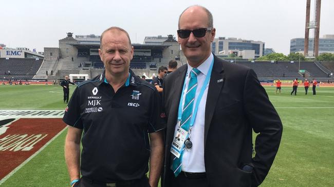 Port Adelaide coach Ken Hinkley with chairman David Koch in Shanghai last year.