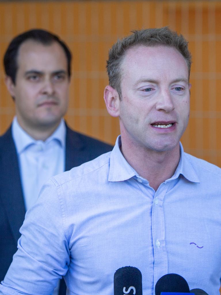 David Speirs, who has come under fire after the party’s disastrous Dunstan by-election campaign that Mr Marshall sparked when he quit parliament, with Vincent Tarzia. Picture: Emma Brasier