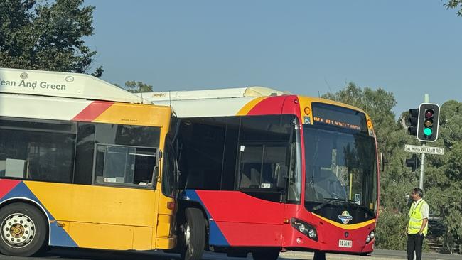 Two buses have smashed into each other at the corner of King William Rd and Victoria Dr in Adelaide. Picture: Kelly Barnes