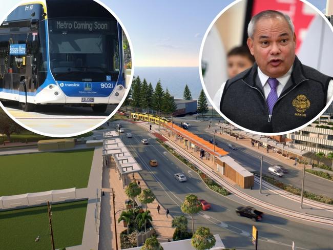 Gold Coast transport debate. Mayor Tom Tate open to looking at trams being replaced by buses from Burleigh to the border. Background picture is of the planned Burleigh light rail connection.