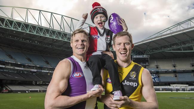 Nick and Jack Riewoldt with Elliott Vanderland. Picture: Jason Edwards