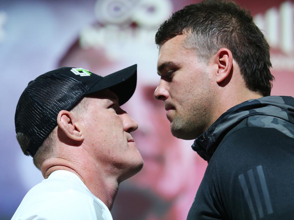 Australian boxers Paul Gallen and Darcy Lussick face off after a press conference to announce the new bout on December 22. Picture: No Limit Boxing