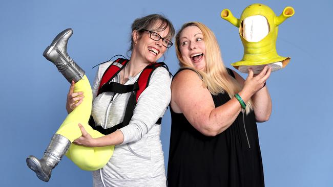 Audrey Currie and Karen Lamont-Barnett get costumes, wigs, makeup and prosthetic for Shrek the Musical ready. Picture: Justin Sanson