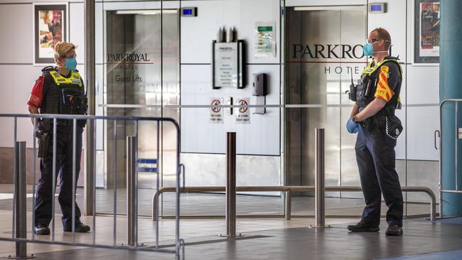 Police outside the Park Royal Hotel at Melbourne Airport on Wednesday. Picture: David Geraghty