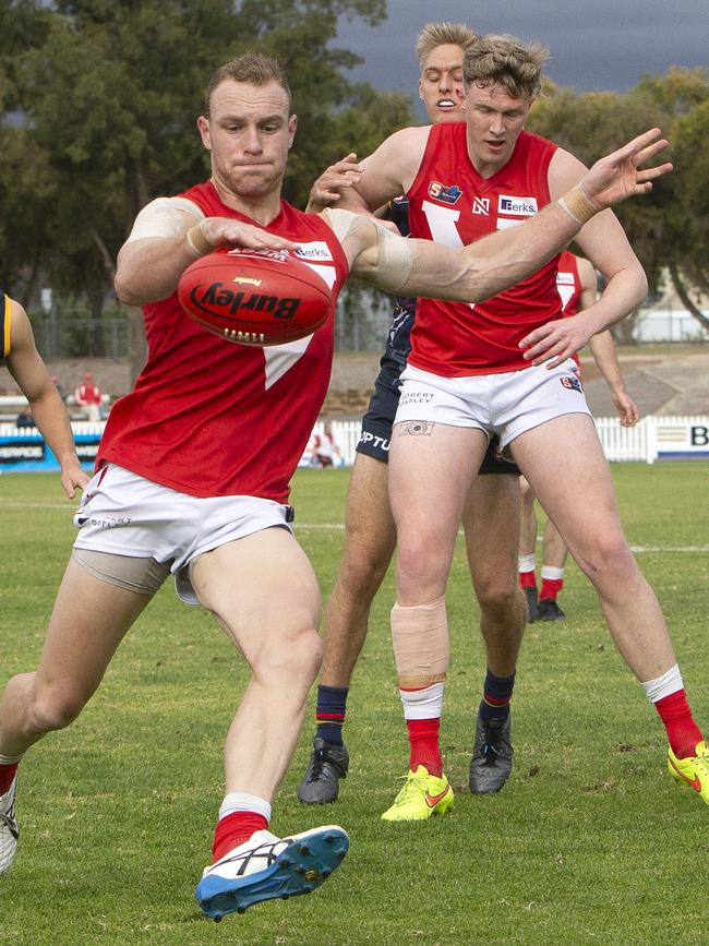 Rooster Andrew Moore boots the ball forward in his side’s 40-point win against Adelaide on Saturday. Picture: Emma Brasier