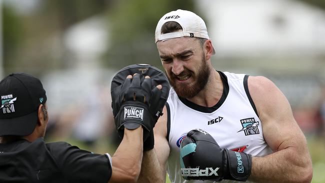 Port Adelaide training at Alberton Oval last month. Charlie Dixon. Picture SARAH REED