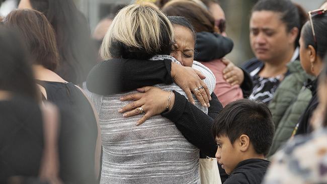 Family and friends of victims of the White Island eruption gather in Whakatane. Picture: Getty Images