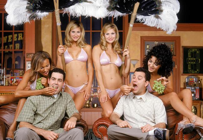 Hosts Adam Carolla and Jimmy Kimmel with the ‘Juggy Dancers’ on The Man Show.