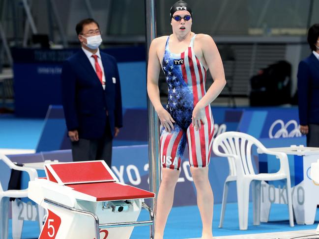 TOKYO, JAPAN - JULY 26: Lilly King of United States reacts before the semifinals women's 100m breatstroke on day three of the Tokyo 2020 Olympic Games at Tokyo Aquatics Centre on July 26, 2021 in Tokyo, Japan. (Photo by Xavier Laine/Getty Images)