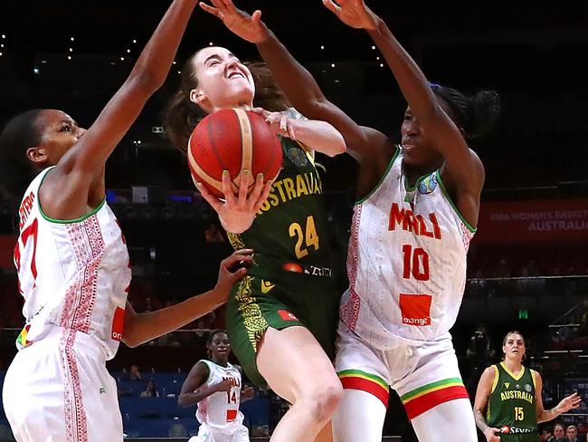 Anneli Maley provided an exciting moment for the Aussies when she became the 12th and final member of the roster on the score sheet. Picture: Getty Images