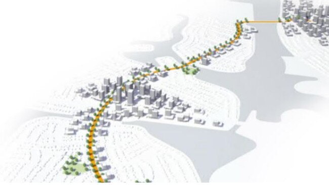 A digital rendering from a TMR multi-modal light rail study showing the land use outcome along the light rail corridor. Picture: TMR