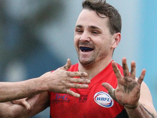 St Albans star Tim Jenkins celebrates a goal in the WRFL. Picture: Local Legends Photography