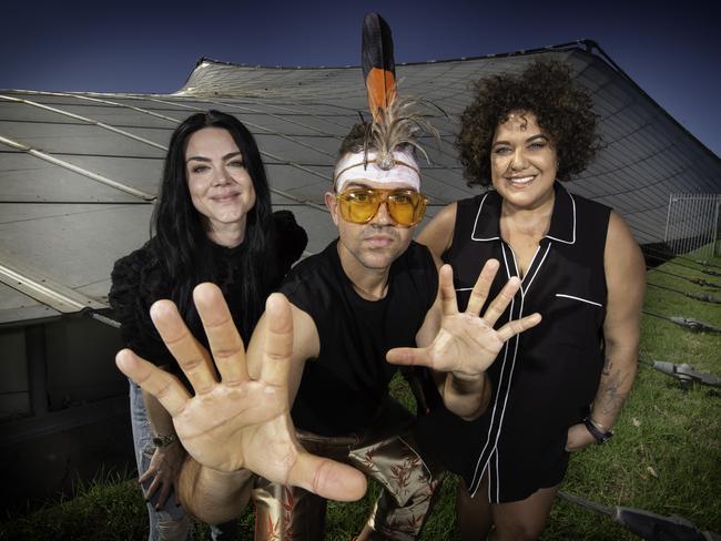 Eurovision hopefuls Casey Donovan, Mitch Tambo and Vanessa Amorosi pose up at the Myer Music Bowl ahead of official selection to sing at the Song Contest. Picture: Tony Gough