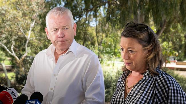 Police Commissioner Grant Stevens and his wife Emma at Oaklands Park skate park on Friday. Picture: NCA NewsWire