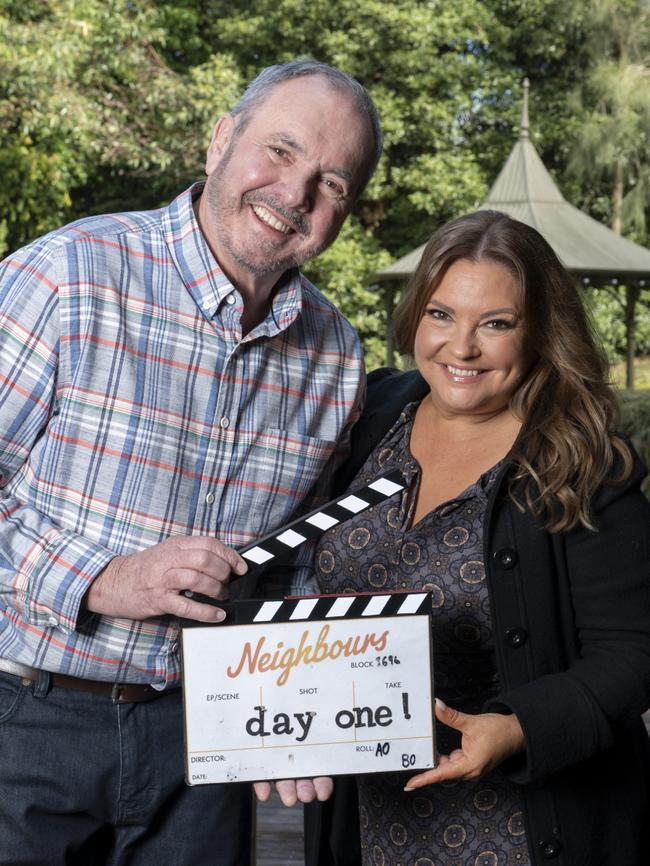 Alan Fletcher and Rebekah Elmaloglou on day one of Neighbours filming. Picture: supplied