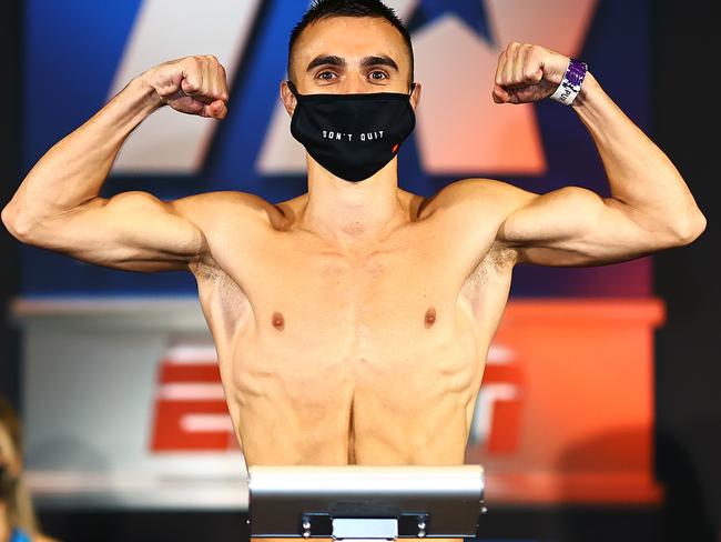 A supplied image obtained on Thursday, June 25, 2020, shows Australia's Jason Moloney after weighing in at MGM Grand casino, Las Vegas, USA. (AAP Image/Supplied by Top Rank, Mikey Williams) NO ARCHIVING, EDITORIAL USE ONLY