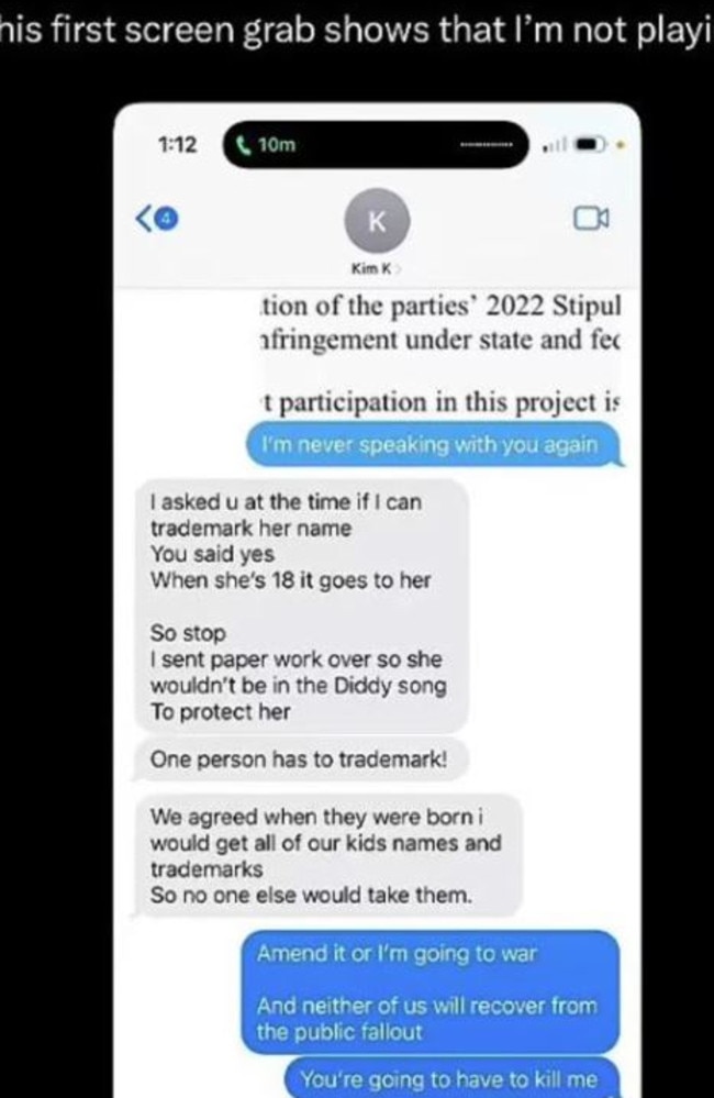 West shared a screenshot of his latest text exchange with his ex-wife. Picture: X