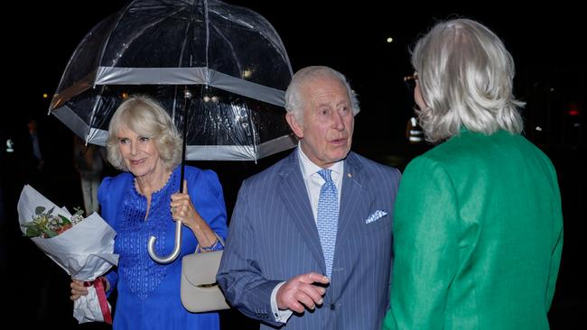 King Charles and Queen Camilla with Governor-General Samantha Mostyn at Sydney airport on Friday night. Picture: Getty Images