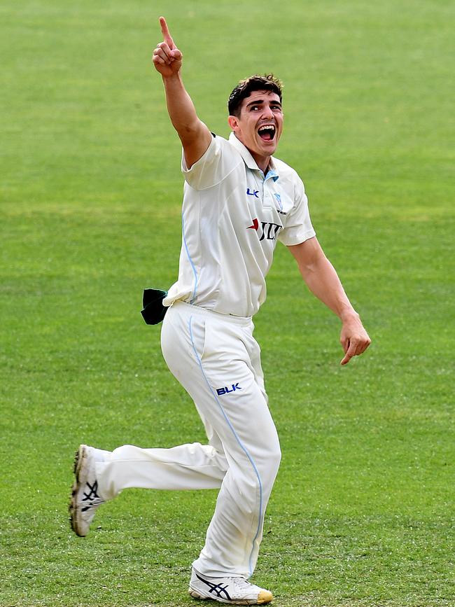 New South Wales bowler Sean Abbott reacts after dismissing Tasmanian batsman Charlie Wakim for 4 runs during day 4 of the Round 10 Sheffield Shield cricket match between Tasmania and New South Wales at Blundstone Arena in Hobart, Saturday, March 23, 2019. Picture: AAP IMAGE/DAVE HUNT