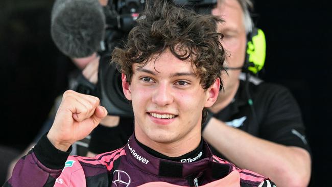 Mercedes' Italian driver Andrea Kimi Antonelli gestures after winning the pole position during Sprint qualifying for the 2025 Miami Formula One Grand Prix at Miami International Autodrome in Miami Gardens, Florida, on May 2, 2025. (Photo by Chandan Khanna / AFP)