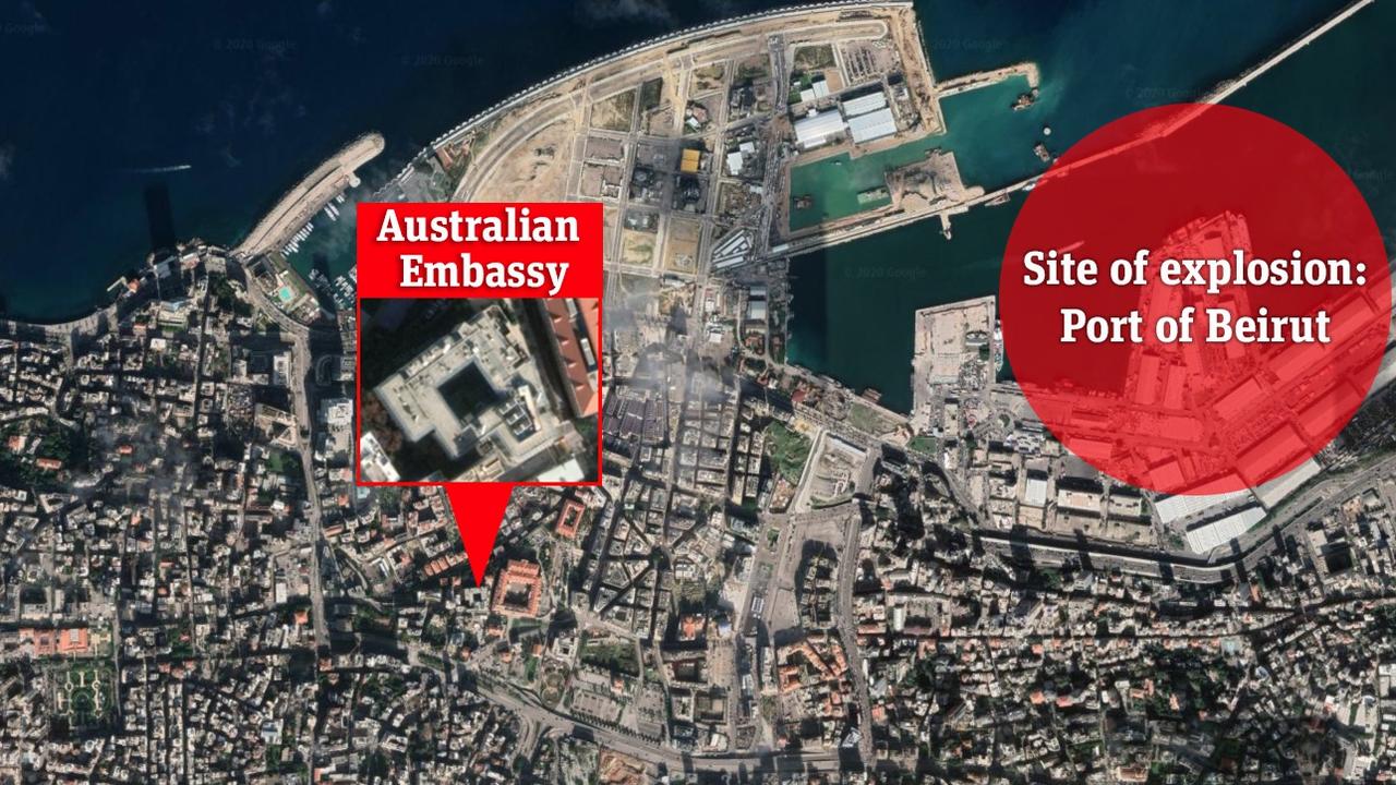 The embassy’s proximity to the site of the explosion in Beirut, Lebanon. Picture: Google Earth