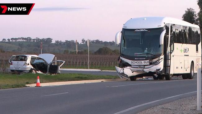 The students on board the bus are being offered “ongoing support” by Faith Lutheran College following a crash at Penrice in the Barossa Valley. Picture: 7NEWS