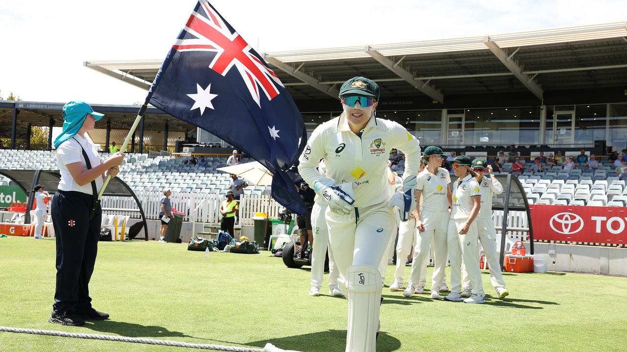 Alyssa Healy leads Australia into the field after winning her seventh consecutive coin toss in the multi-format series against South Africa. Picture: Paul Kane / Getty Images