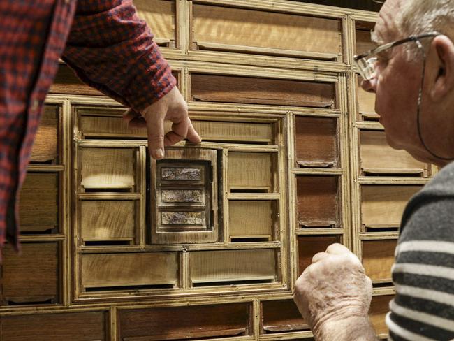 Creator Geoff Hannah visiting the Cabinet in the care of Greg Peters at Patinations in Canberra, during the Hannah Cabinet's recovery in 2023. Picture Brian Henry