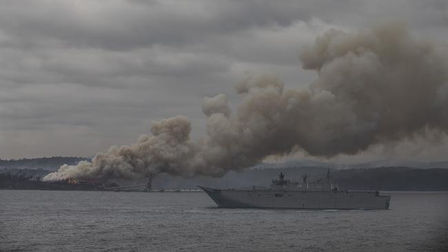 HMAS Adelaide arrives in Eden on Monday morning. Picture: Gary Ramage