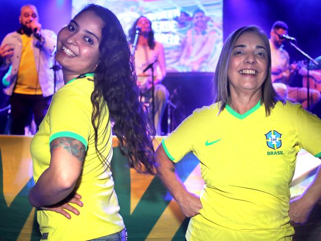 Brazil fans, Melanie Targino (L) and her mum Katia Targino, partying hard at the Gov. Huge crowd bringing the most vibrant BRAZILIAN VIBE with LIVE MUSIC (Samba and Pagode), drummers, food, drinks at the pre-game party at the Gov. 24 July 2023. Picture Dean Martin