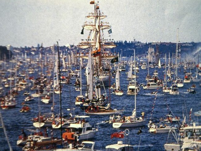 Tall ships arrive at Sydney Harbour for the Australia Day bicentenary celebrations in 1988.