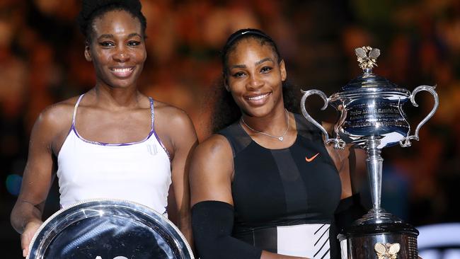 Serena Wiliams with sister Venus after the 2017 Australian Open final. Pic: Wayne Ludbey