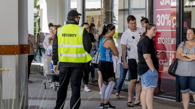 COVID-19 restrictions around shopping and go out in public have been relaxed. Shoppers lining up to enter Peter Alexander at Harbour Town Premium Outlets. Picture: Jerad Williams