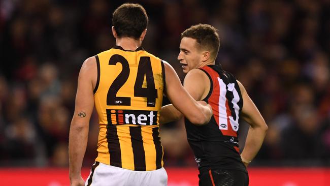 Ben Stratton pinching Orazio Fantasia. Picture: AAP Images