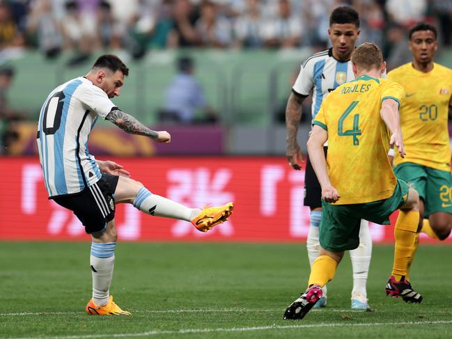 BEIJING, CHINA - JUNE 15: Lionel Messi of Argentina scores the team's first goal during the international friendly match between Argentina and Australia at Workers Stadium on June 15, 2023 in Beijing, China. (Photo by Lintao Zhang/Getty Images)