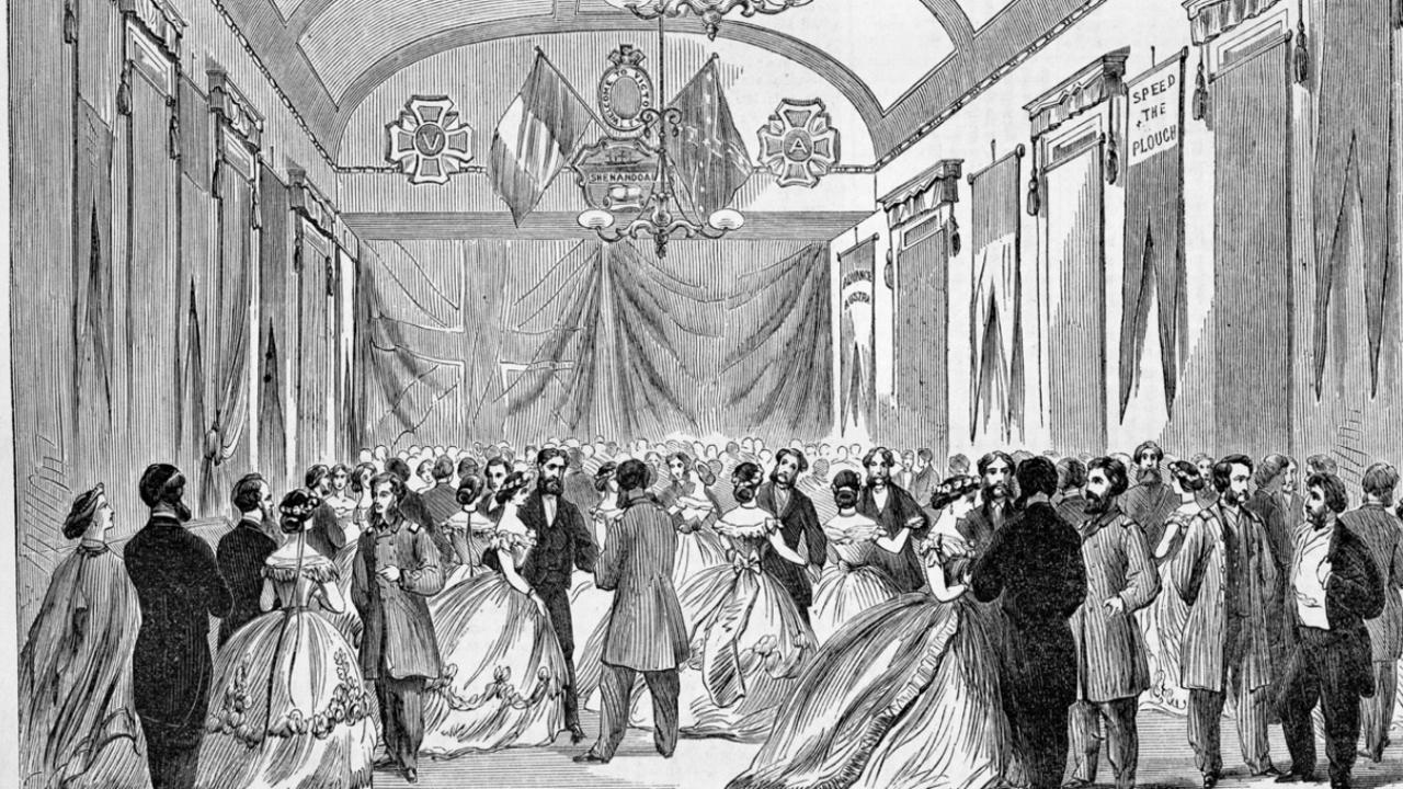 A newspaper illustration of a ball in Ballarat thrown for Confederate officers of Shenandoah. The Confederate flag can be seen in the background. Picture: State Library of Victoria