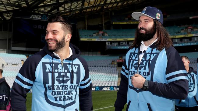 James Tedesco and Aaron Woods during NSW Blues Origin team announcement. Picture: Gregg Porteous